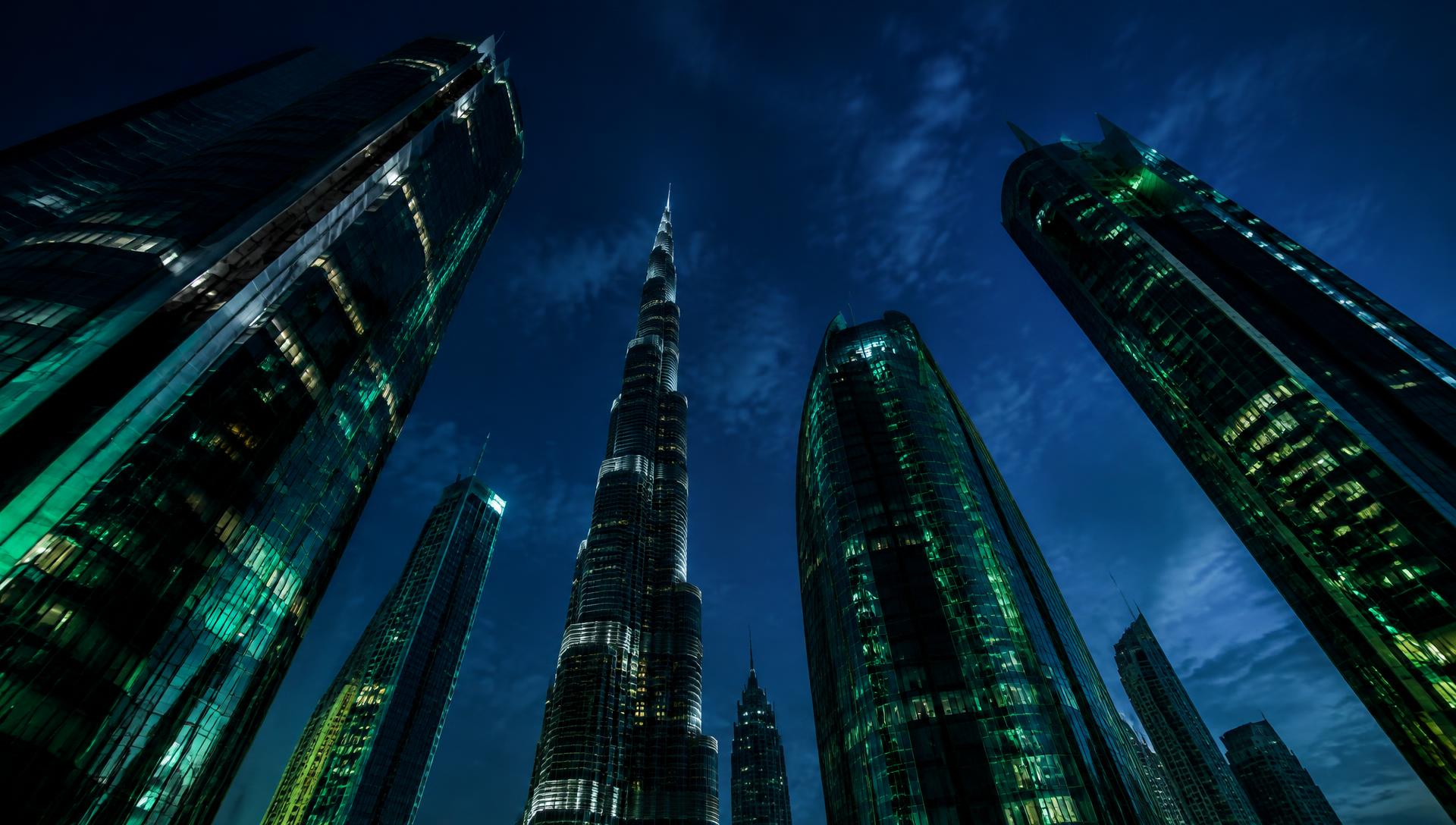 Dubai skyscrapers at dusk seen from below